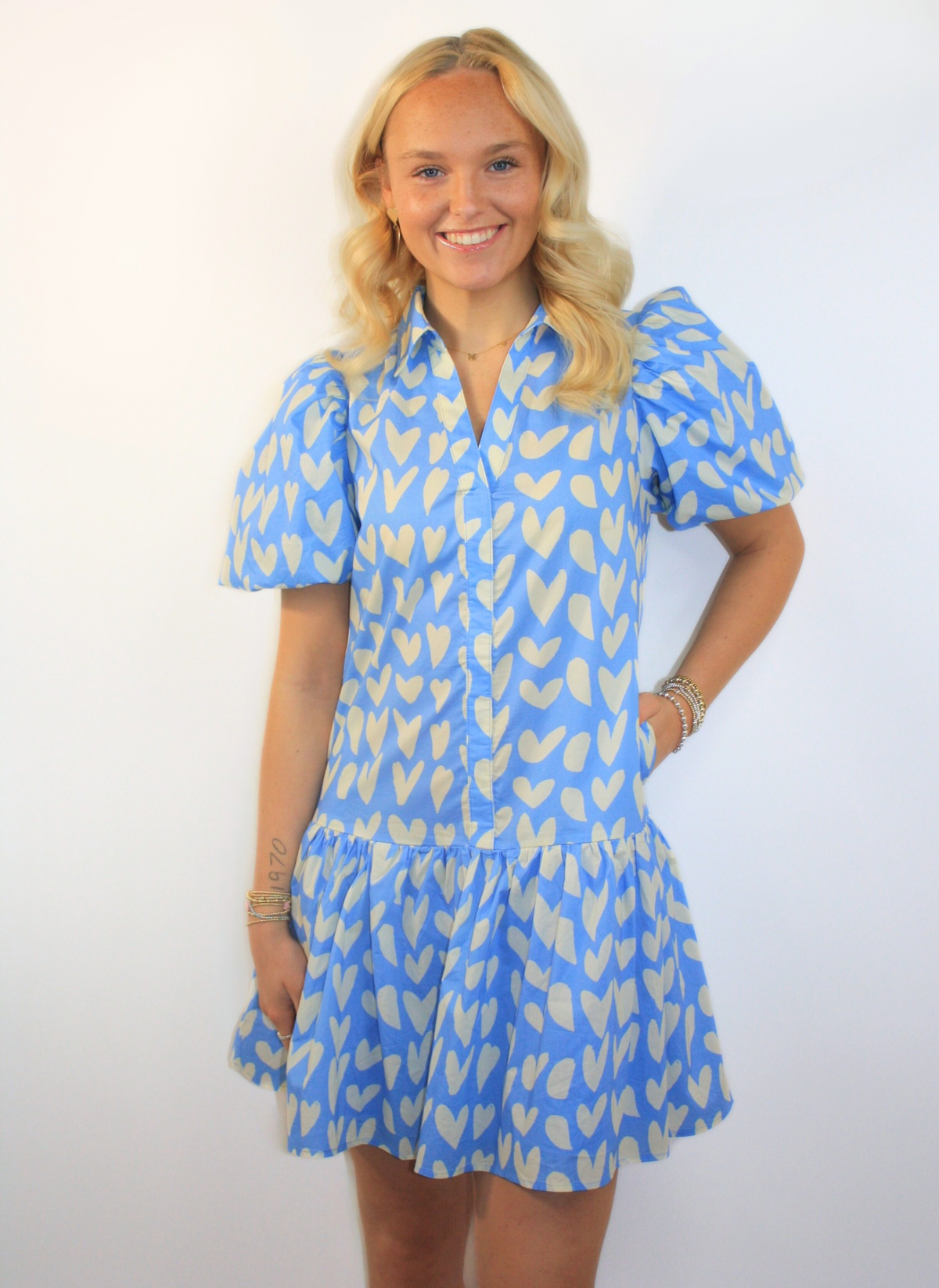 Heart Print Mini Dress - Baby Blue