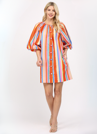 Stripe Round Neck Dress - Orange Multi