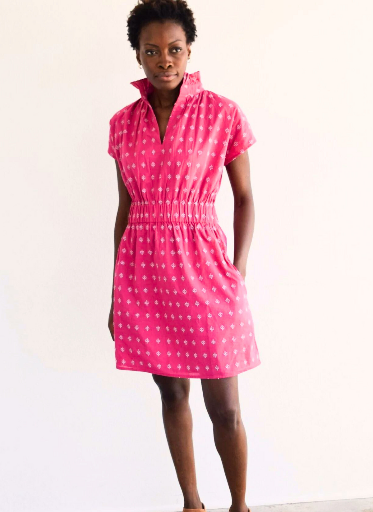 Vicki Elastic Waist Dress- Pink Crosshatch