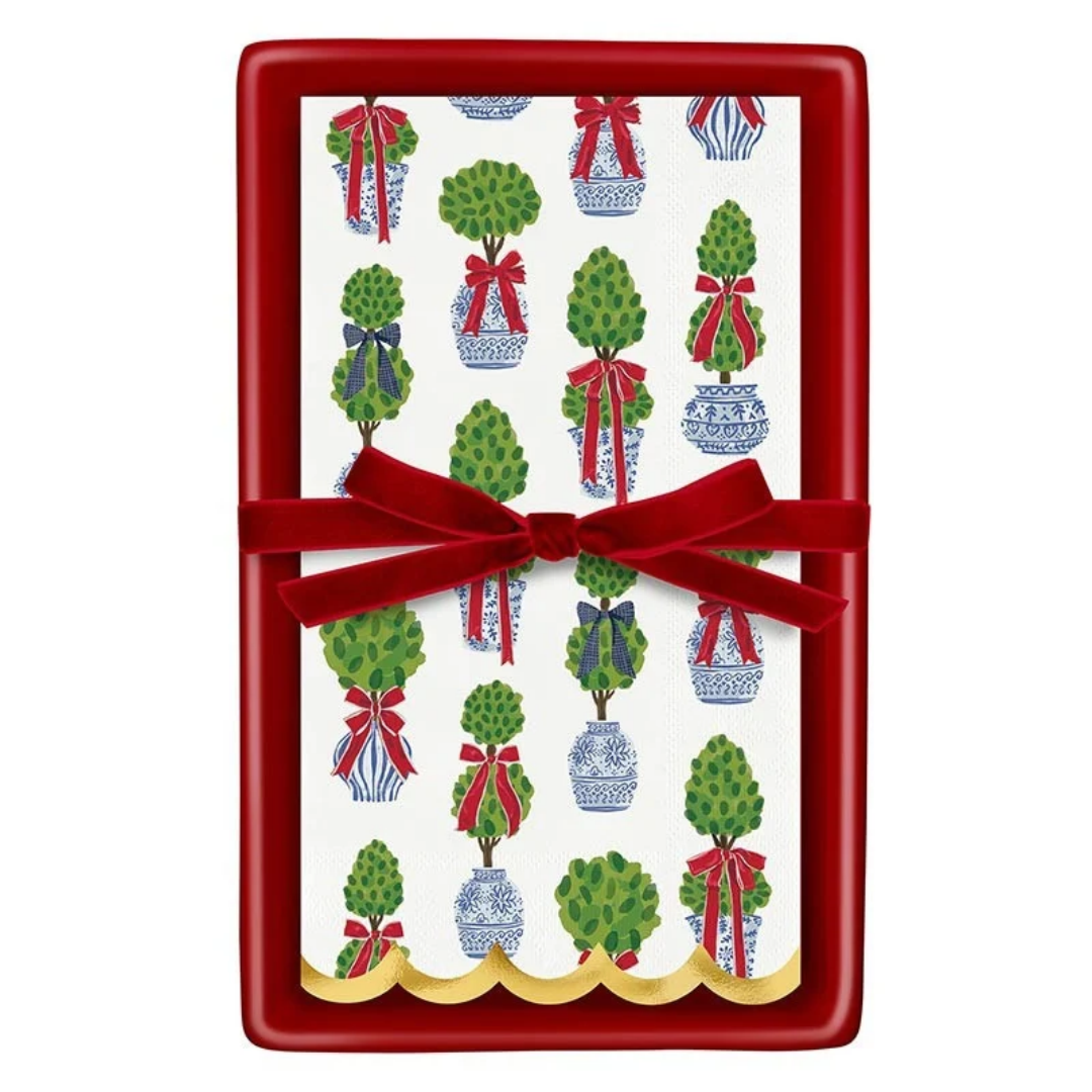 Holiday Topiaries Guest Towels w/ Ceramic Tray