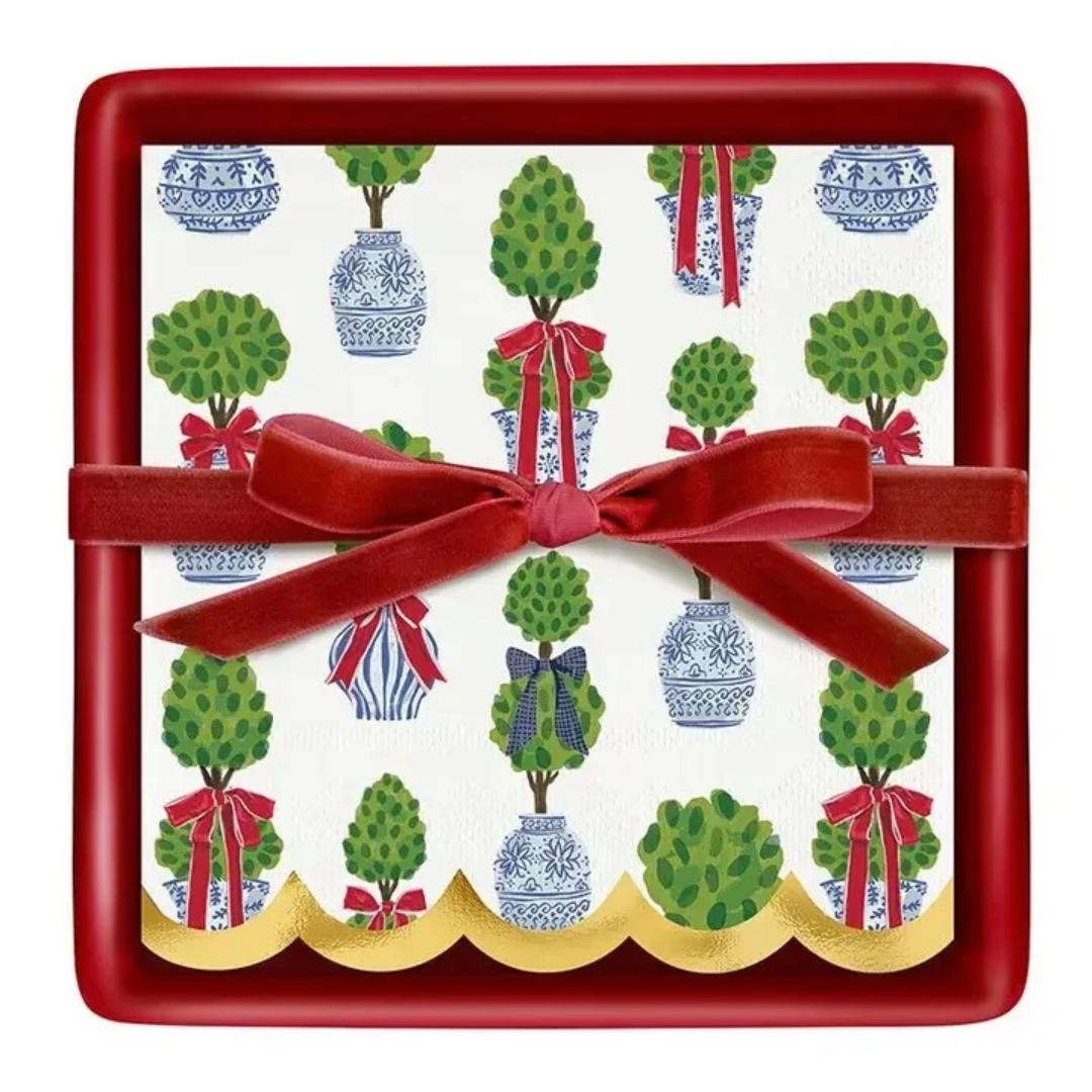 Holiday Topiaries Cocktail Napkins w/ Tray