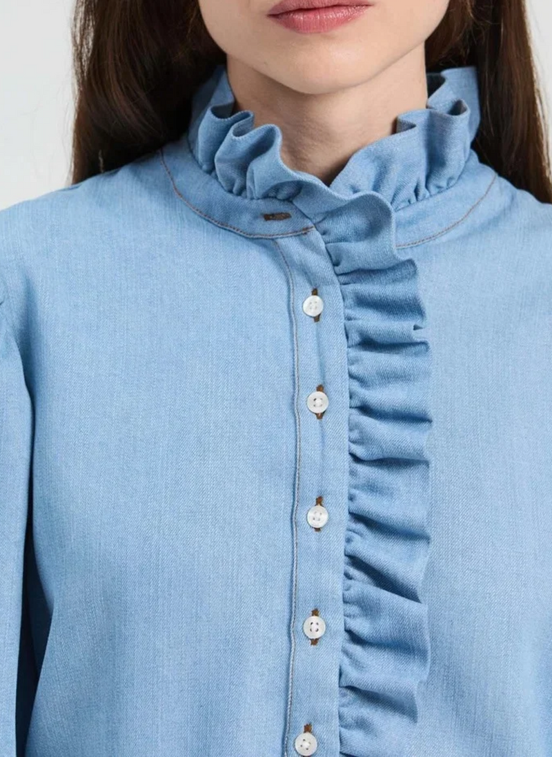 Denim Shirt w/ Front Ruffles