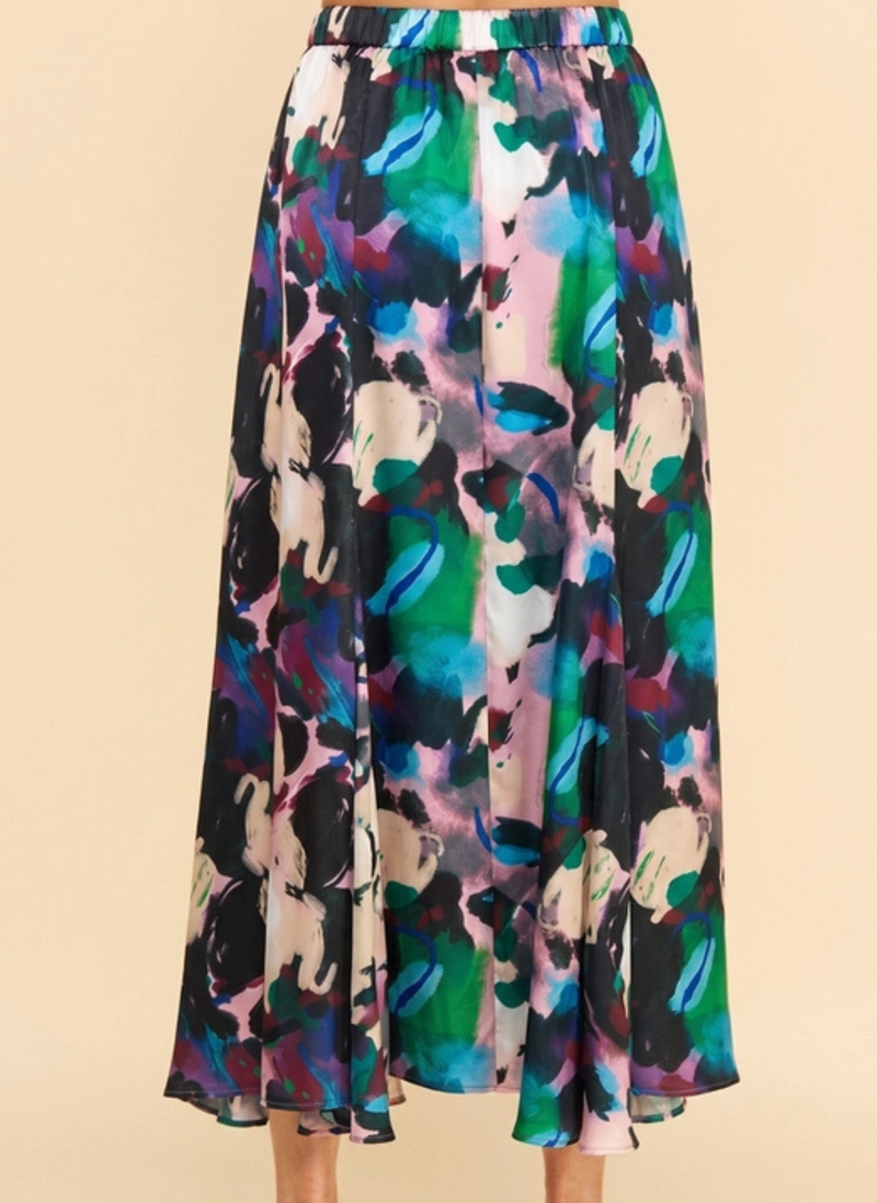 Silky Abstract Motif Panel Skirt