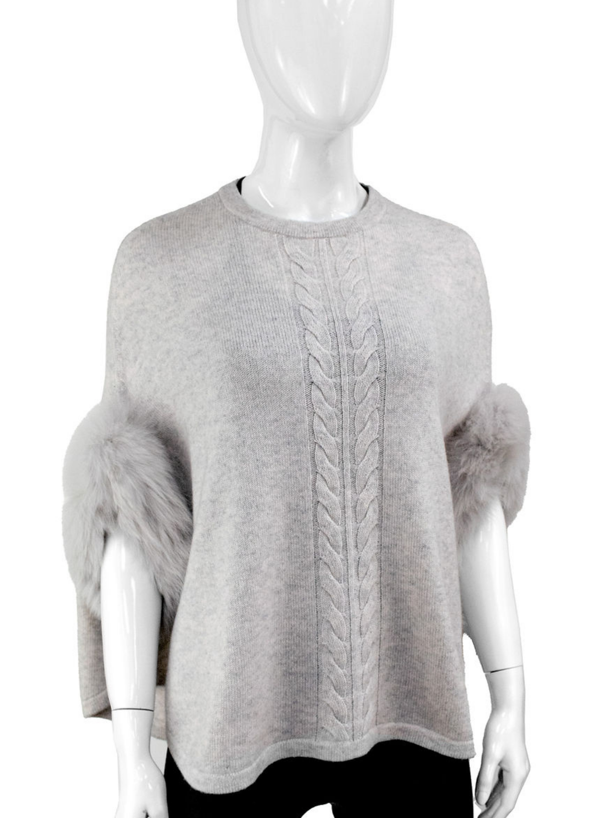 Cable Strip Poncho w/ Fox Fur Trim