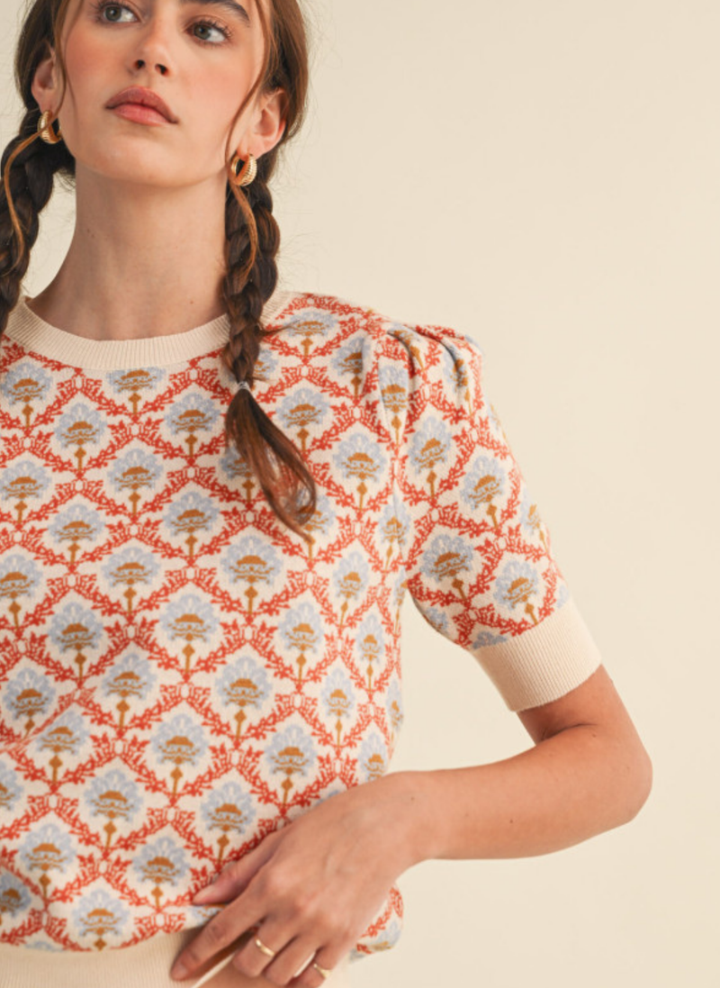 Floral Scroll Short Sleeve Sweater