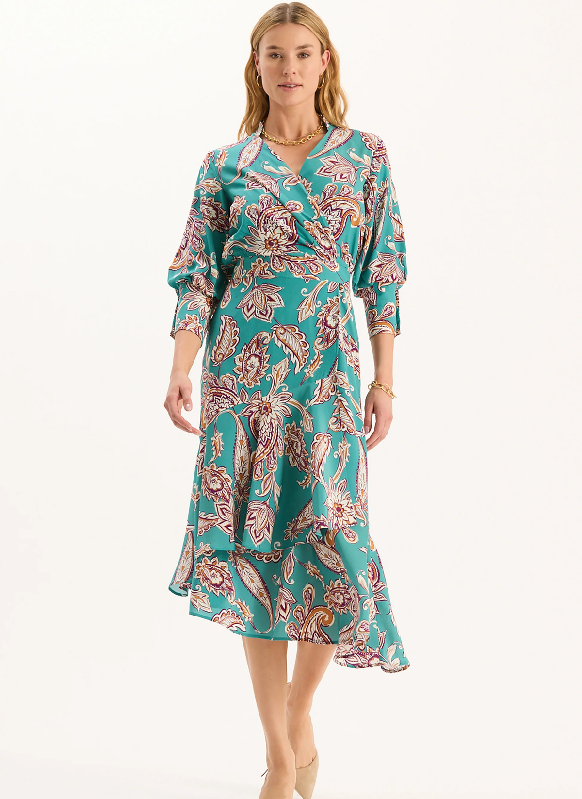 Jules Silk Wrap Dress- Teal Paisley