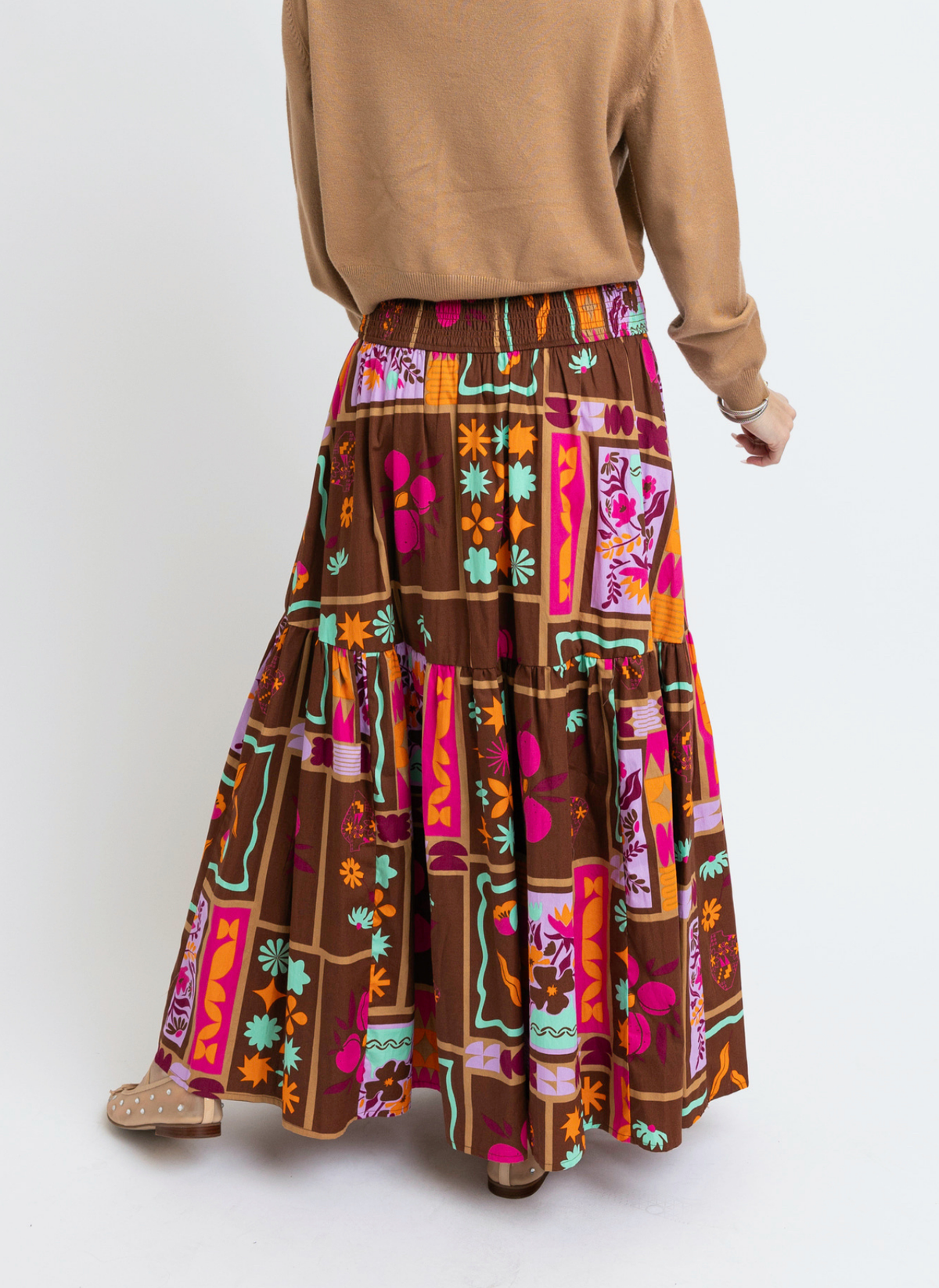 Floral Frame Tier Smock Maxi Skirt