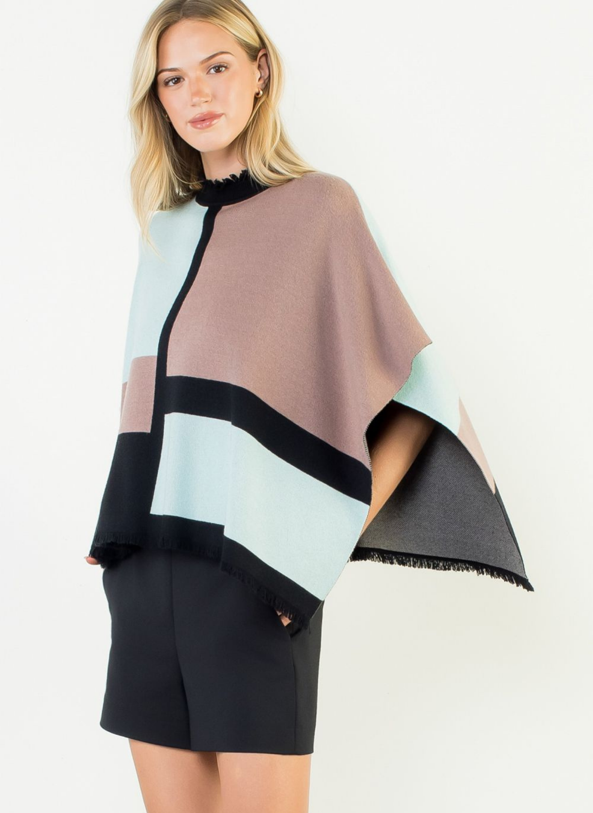 Color Block Fringe Poncho
