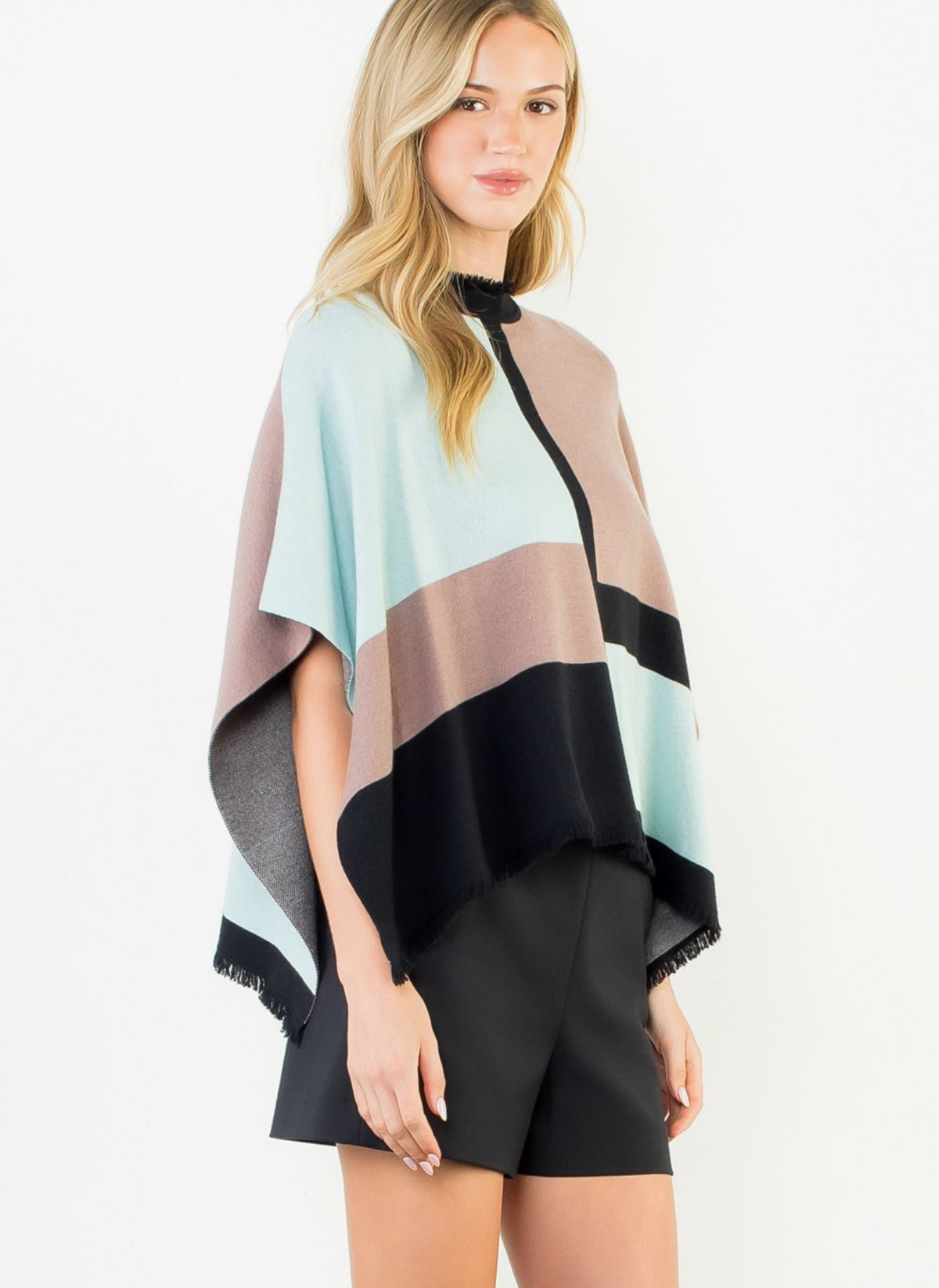 Color Block Fringe Poncho
