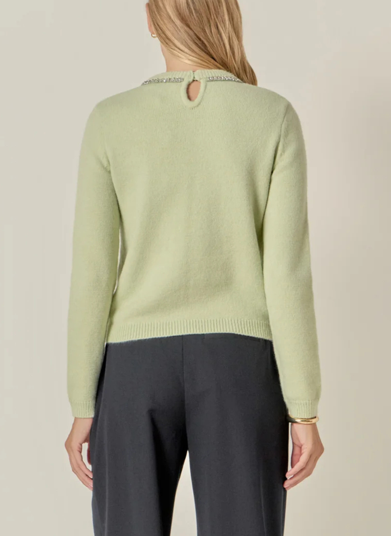 Rhinestone Bow Sweater- Sage