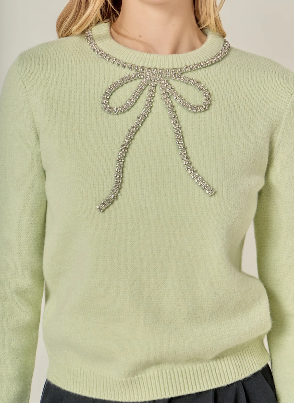 Rhinestone Bow Sweater- Sage