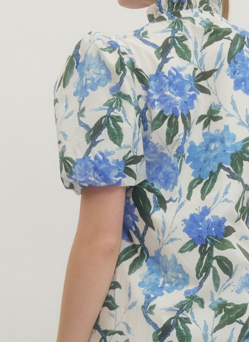 Blue Floral Puff Sleeve Midi Dress