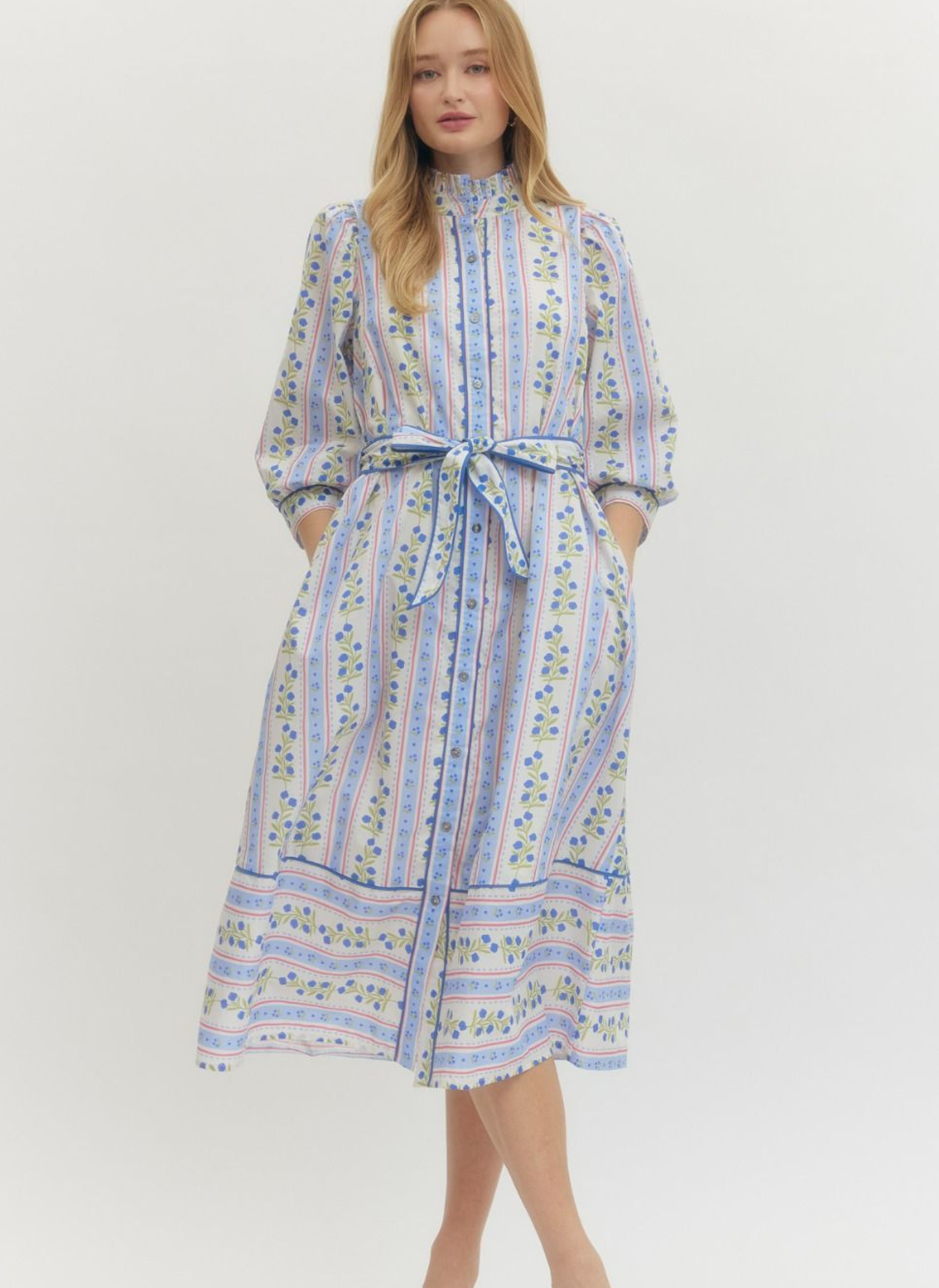 Floral Vine & Stripe Midi Shirt Dress