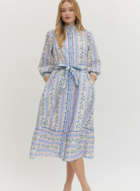 Floral Vine & Stripe Midi Shirt Dress