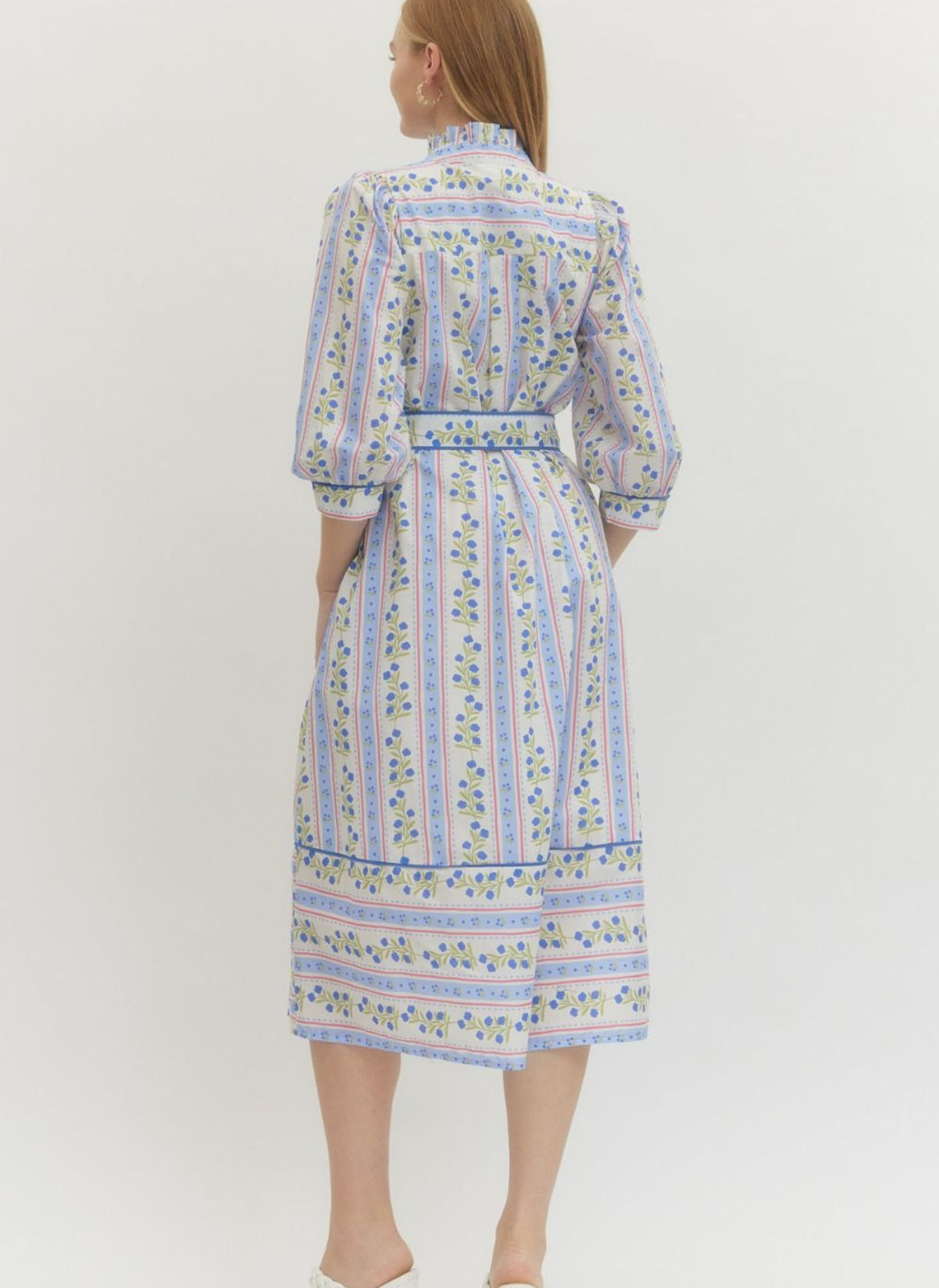 Floral Vine & Stripe Midi Shirt Dress