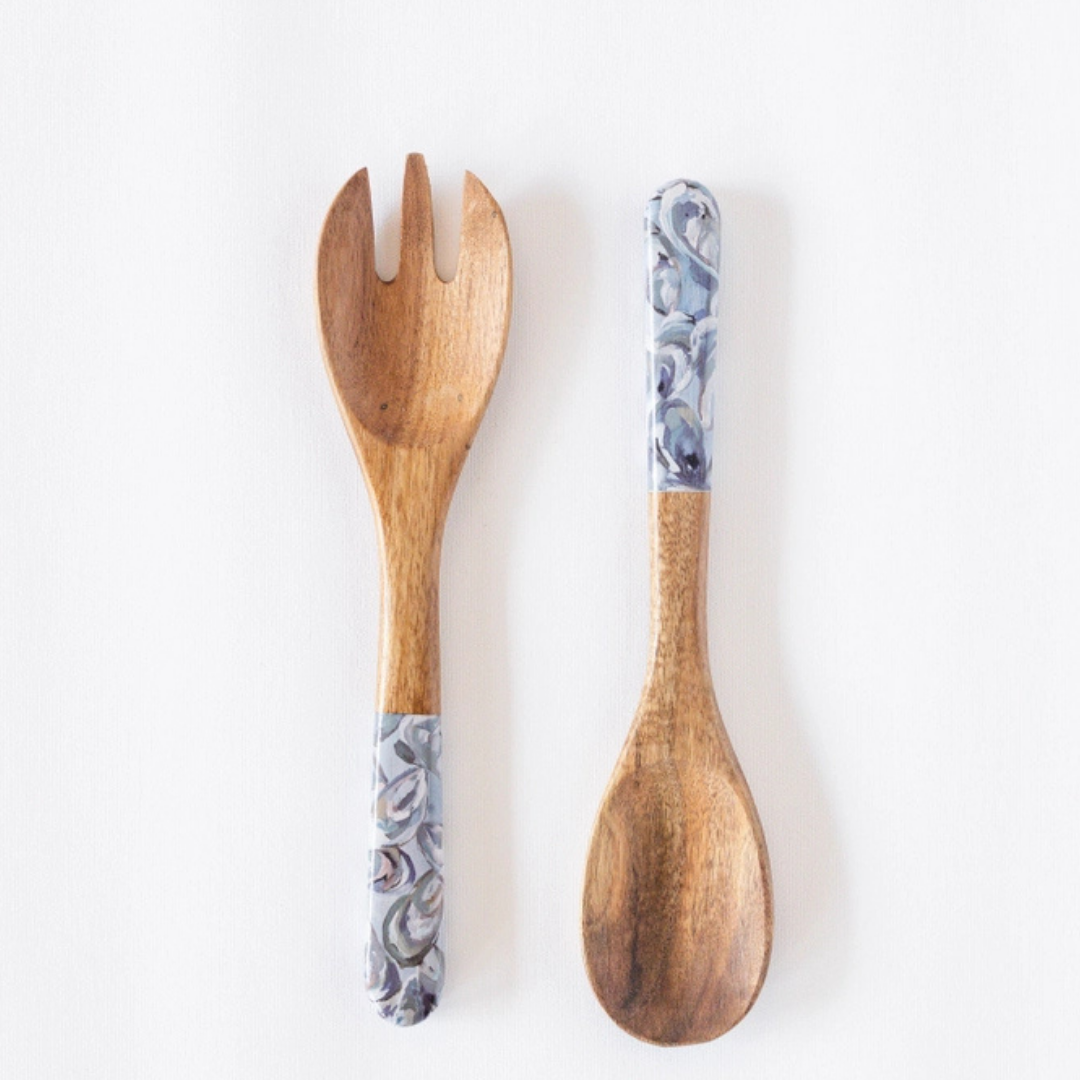 Pewter Shells Wooden Salad Utensils