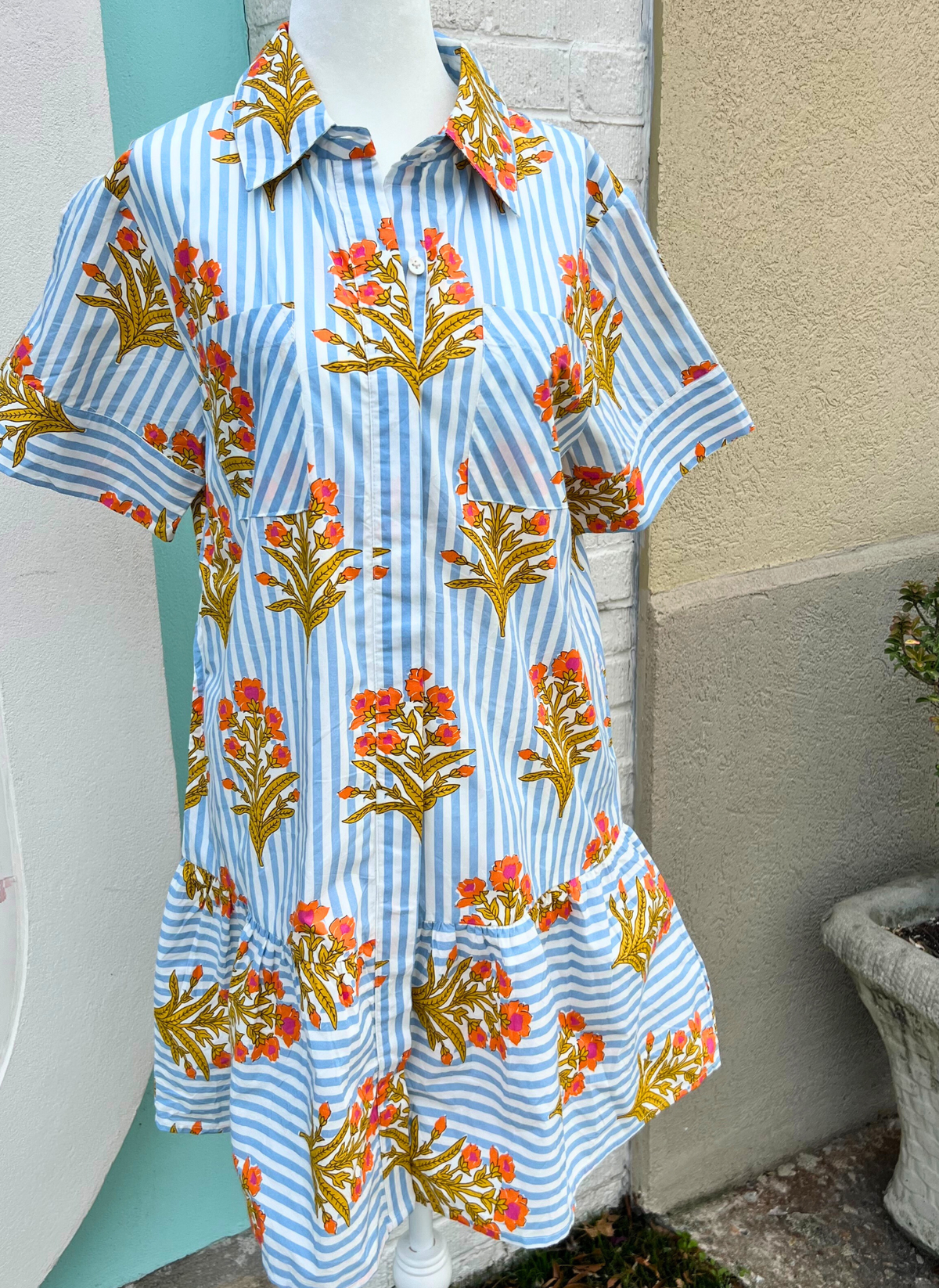 Marigold Stripe Tiered Shirt Dress