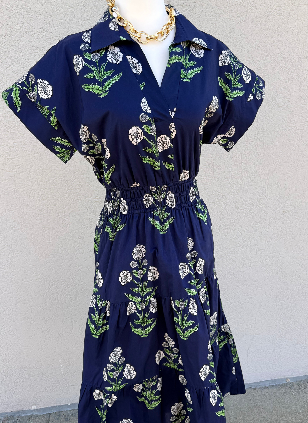 Cinch Waist Floral Block Print Dress