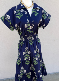 Cinch Waist Floral Block Print Dress