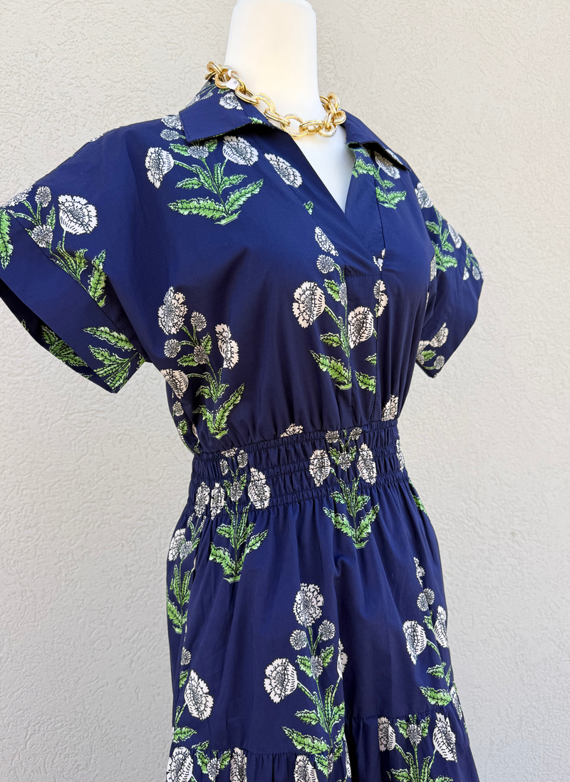Cinch Waist Floral Block Print Dress