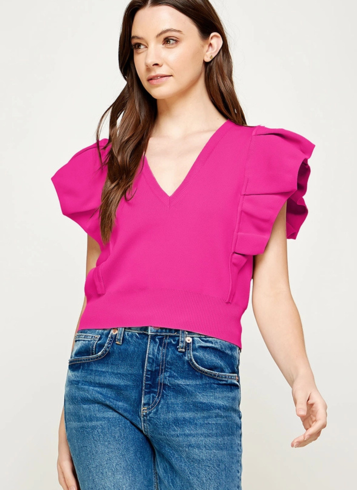 Flutter Sleeve Banded Hem Sweater