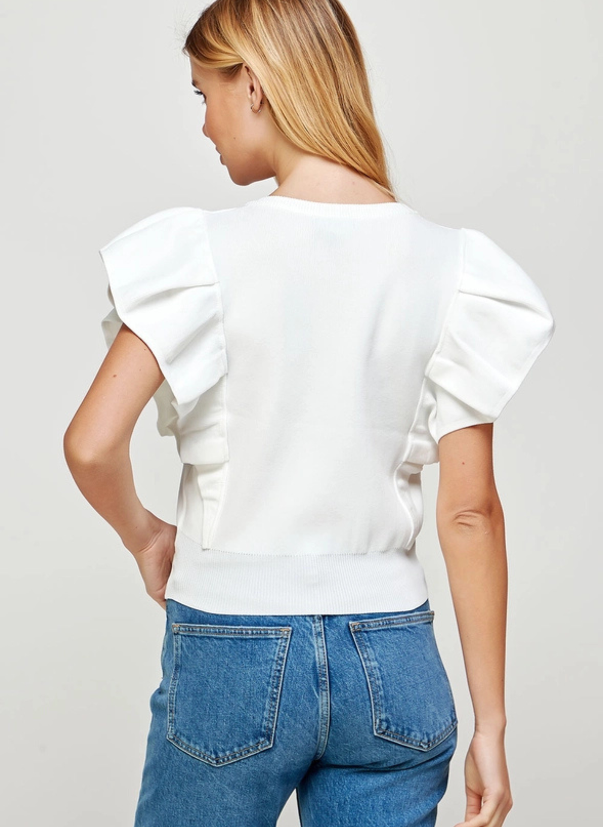 Flutter Sleeve Banded Hem Sweater