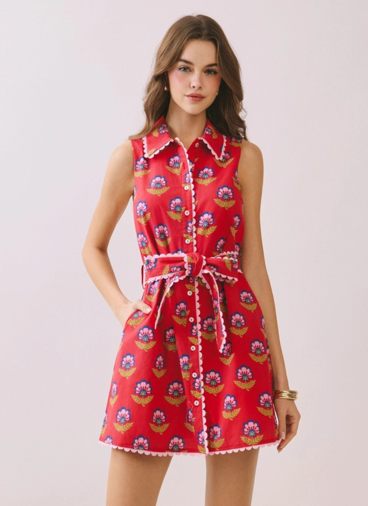 Floral Print Contrast Scallop Trim Dress