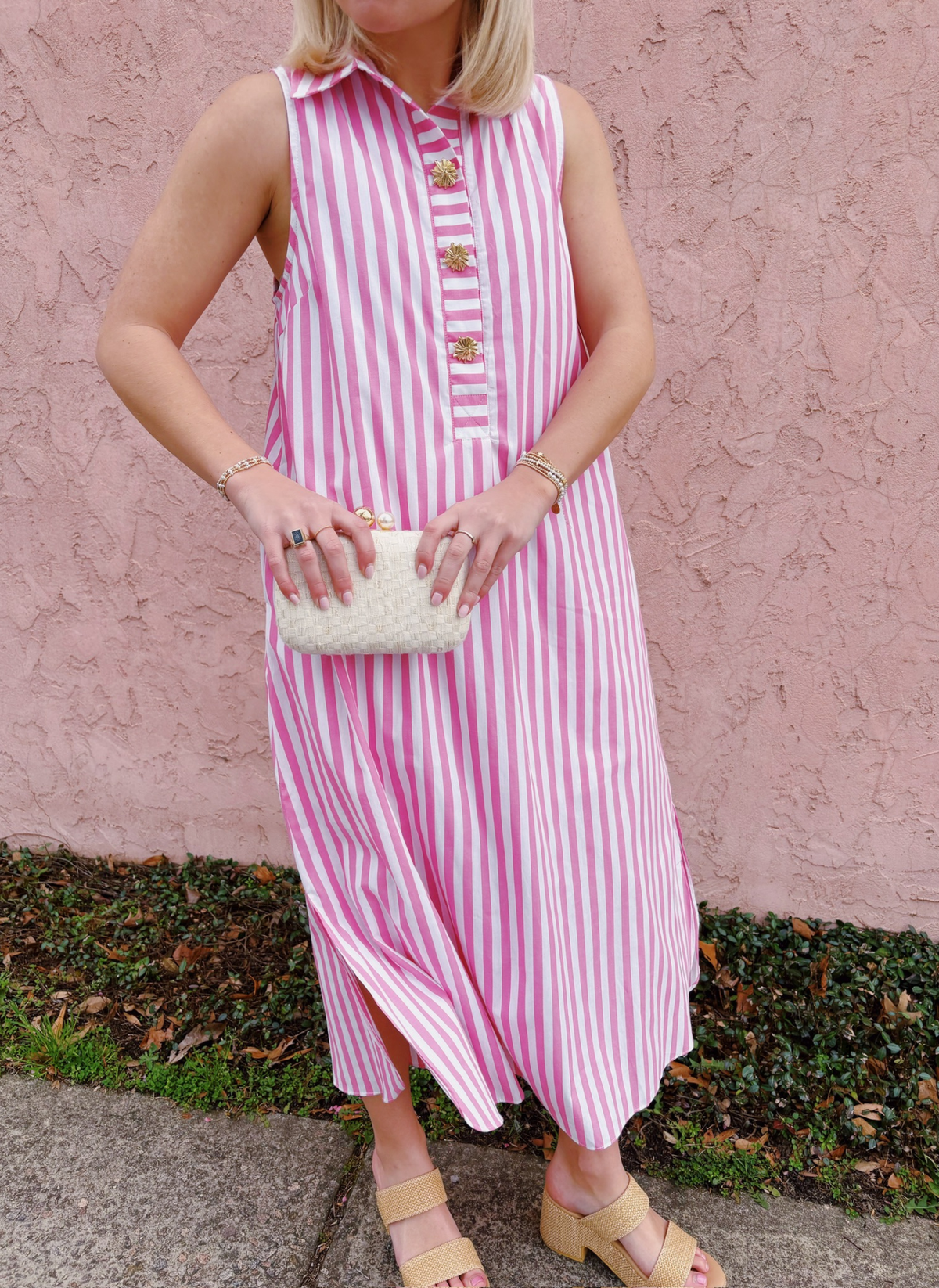 Stripe Midi Dress with Gold Signature Buttons