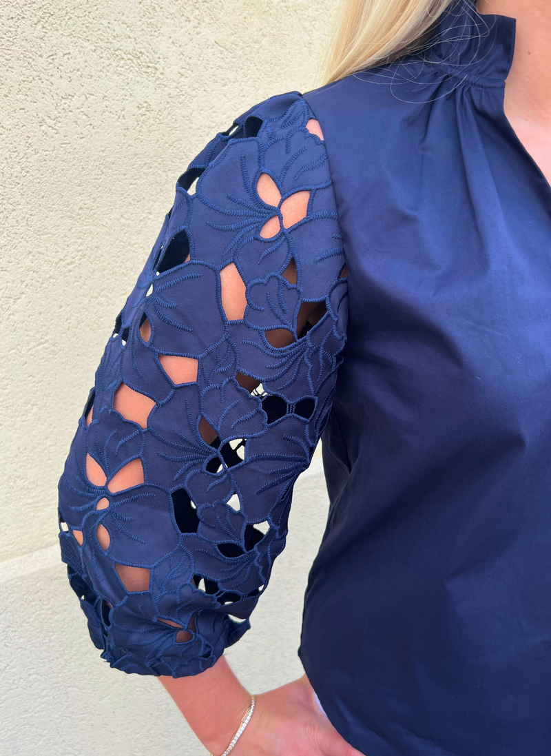 Eyelet Sleeve Detail Top- Navy