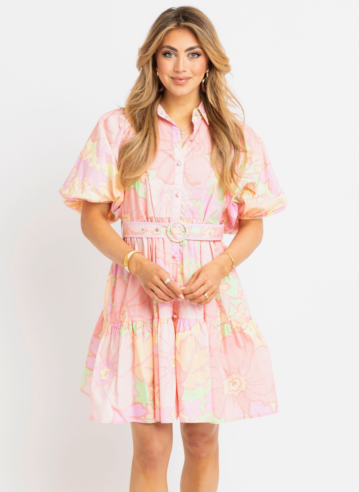 Oversized Floral Belted Shirt Dress