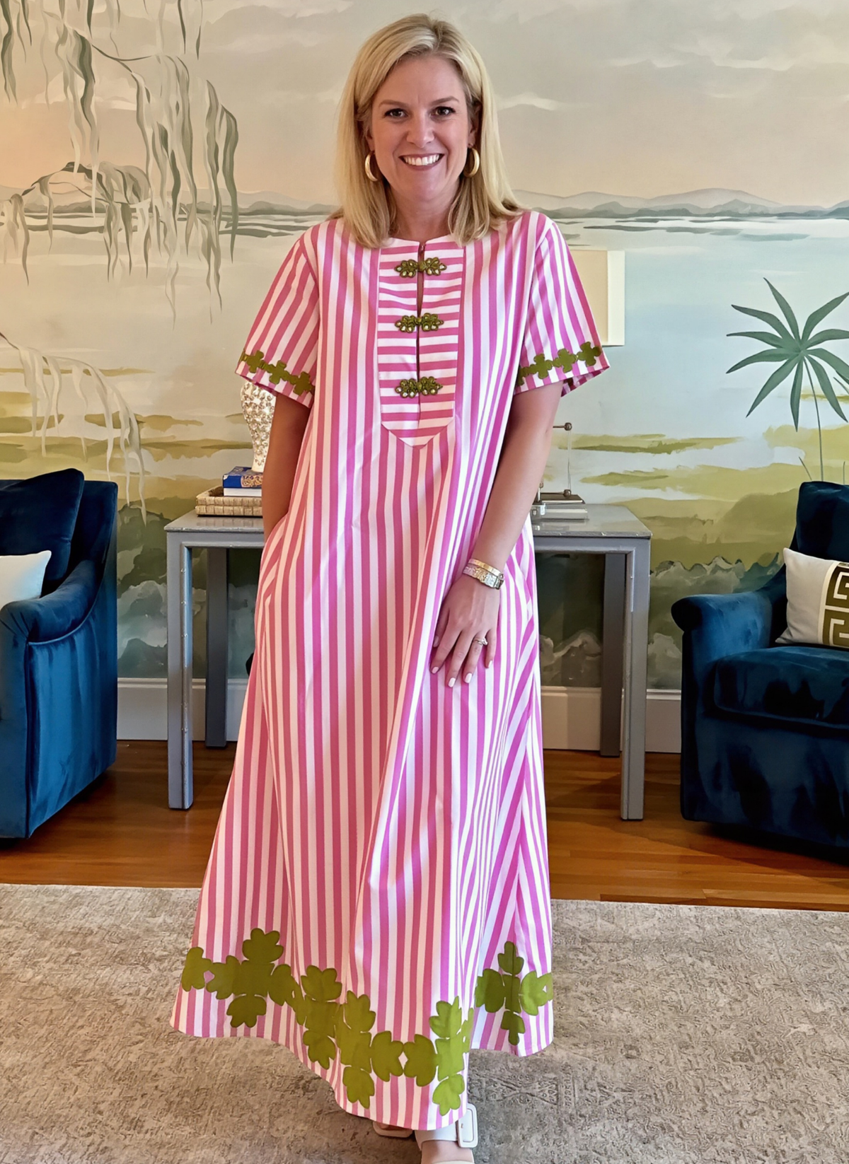 Short Sleeve Maxi Kaftan - Pink Stripe