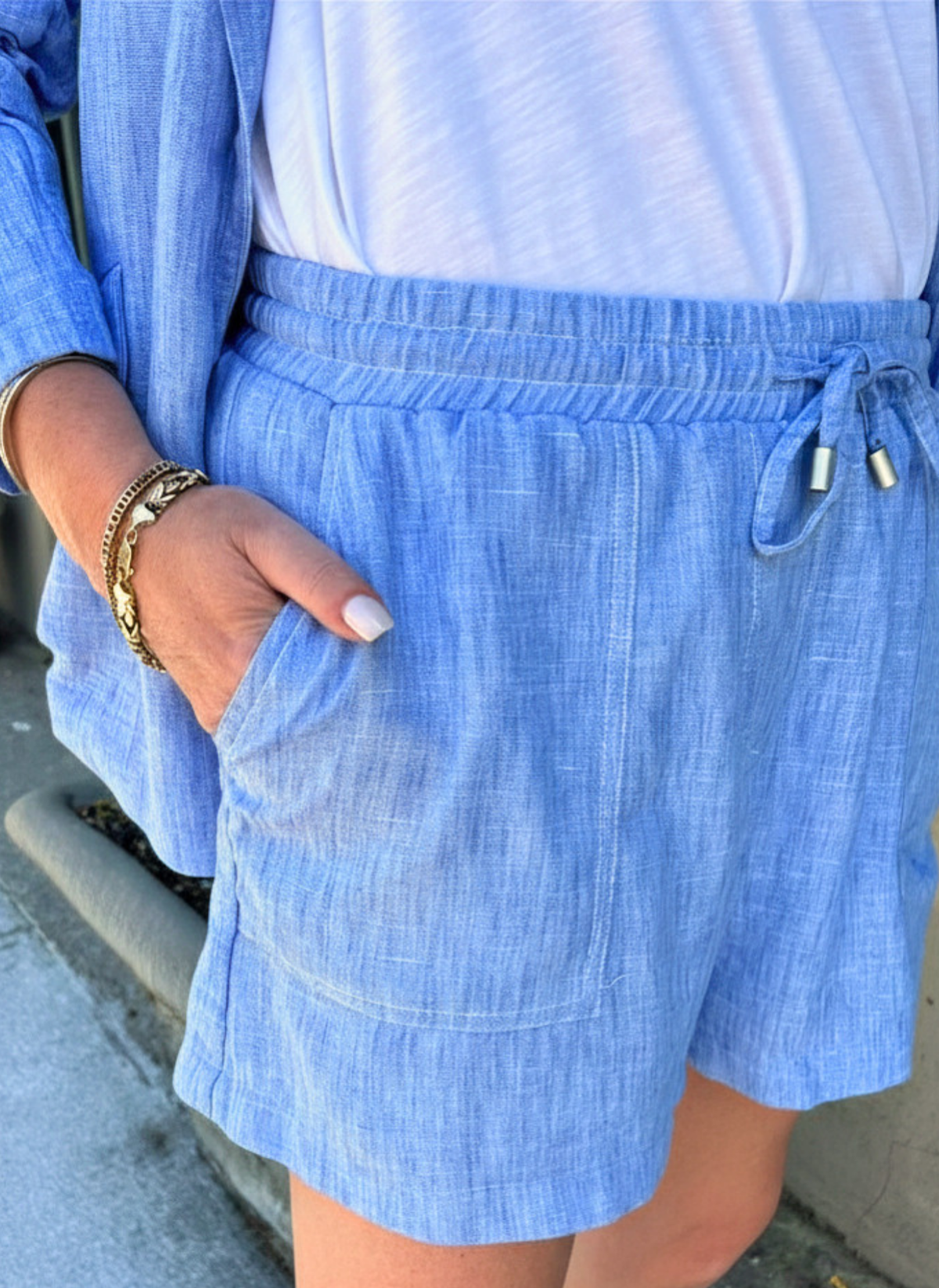 Chambray Shirred Blazer and Short Set