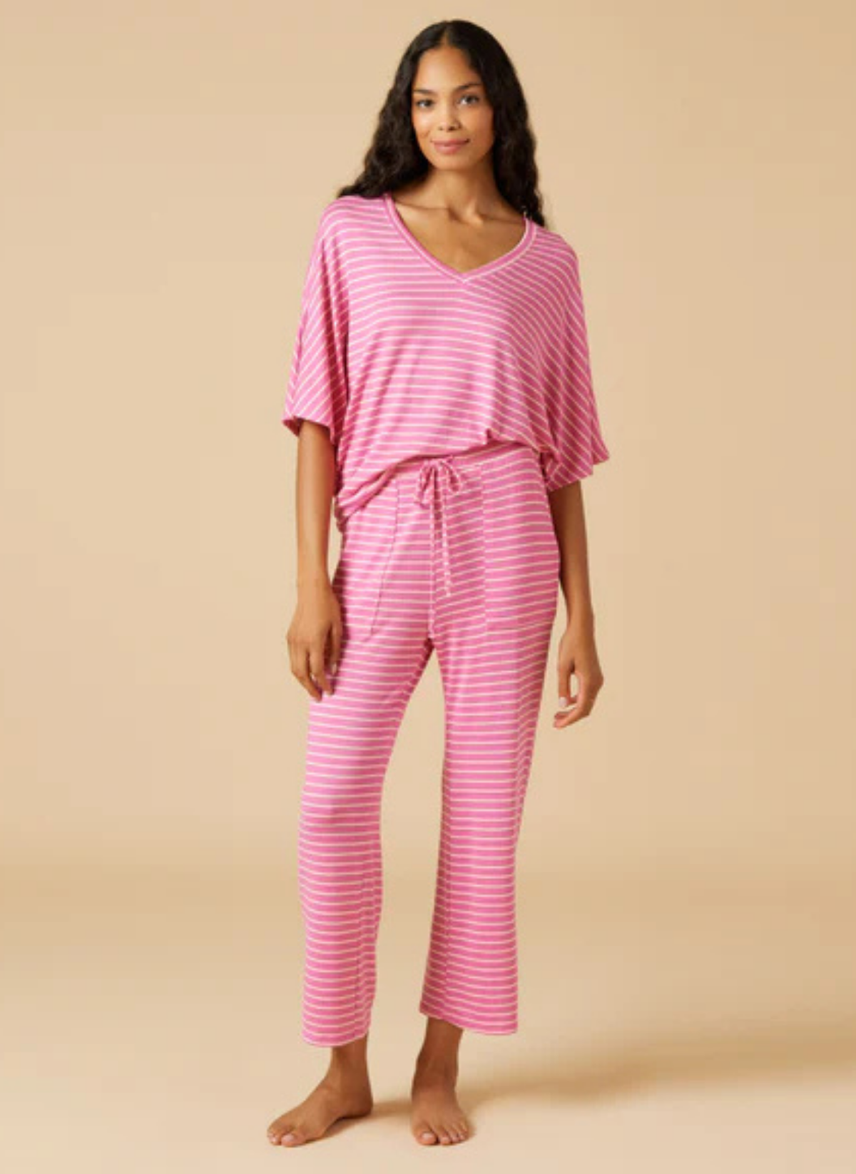 Dream Relaxed V-Neck Capri Set - Fuchsia Stripe