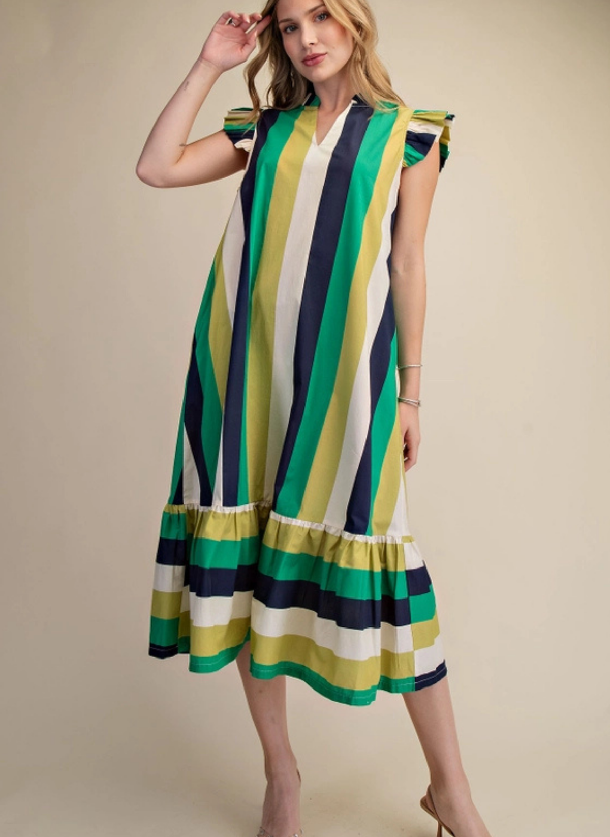 Kay Striped Flutter Midi Dress