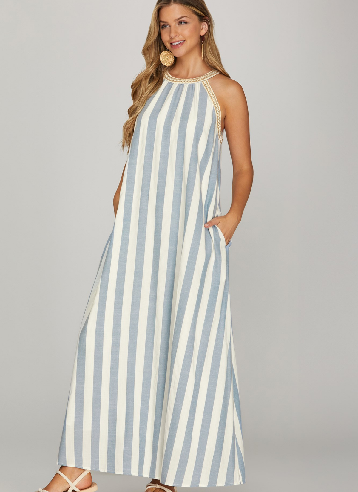 Woven Trim Halter Neck Maxi Dress