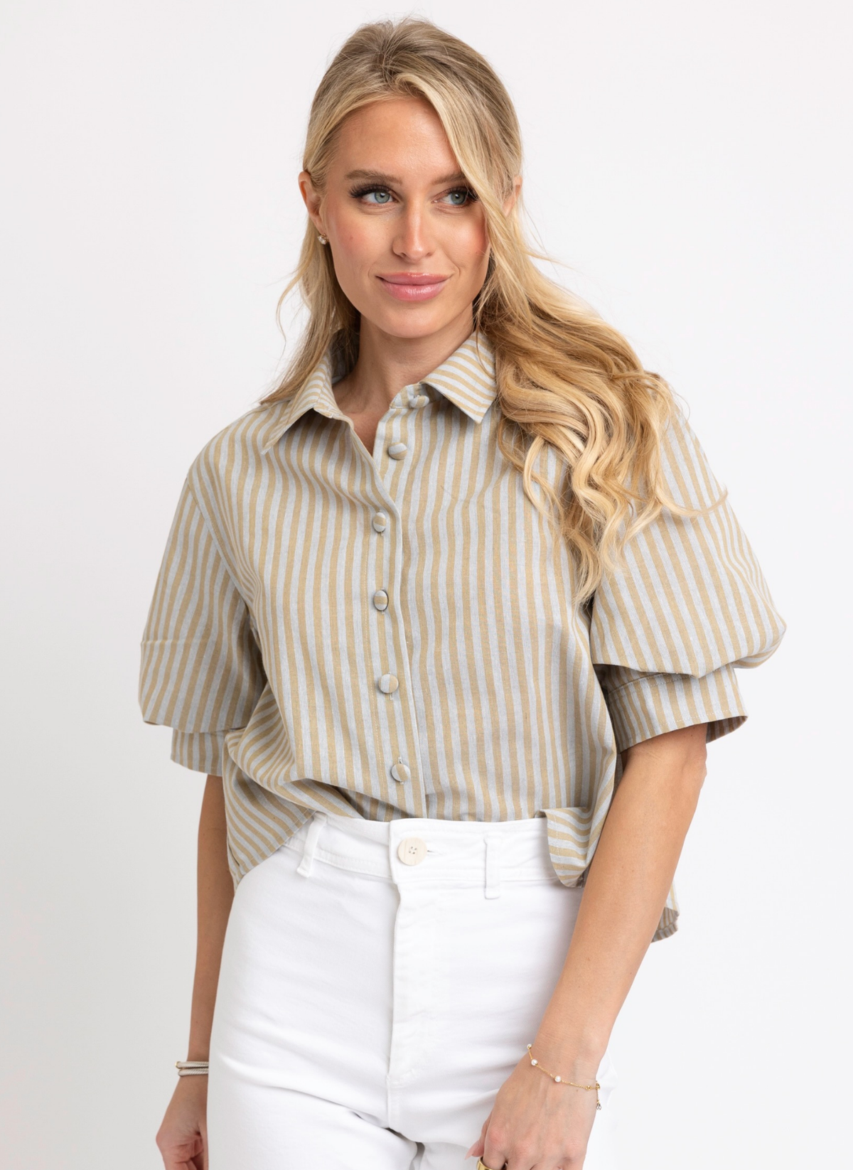 Stripe Linen Puff Sleeve Top
