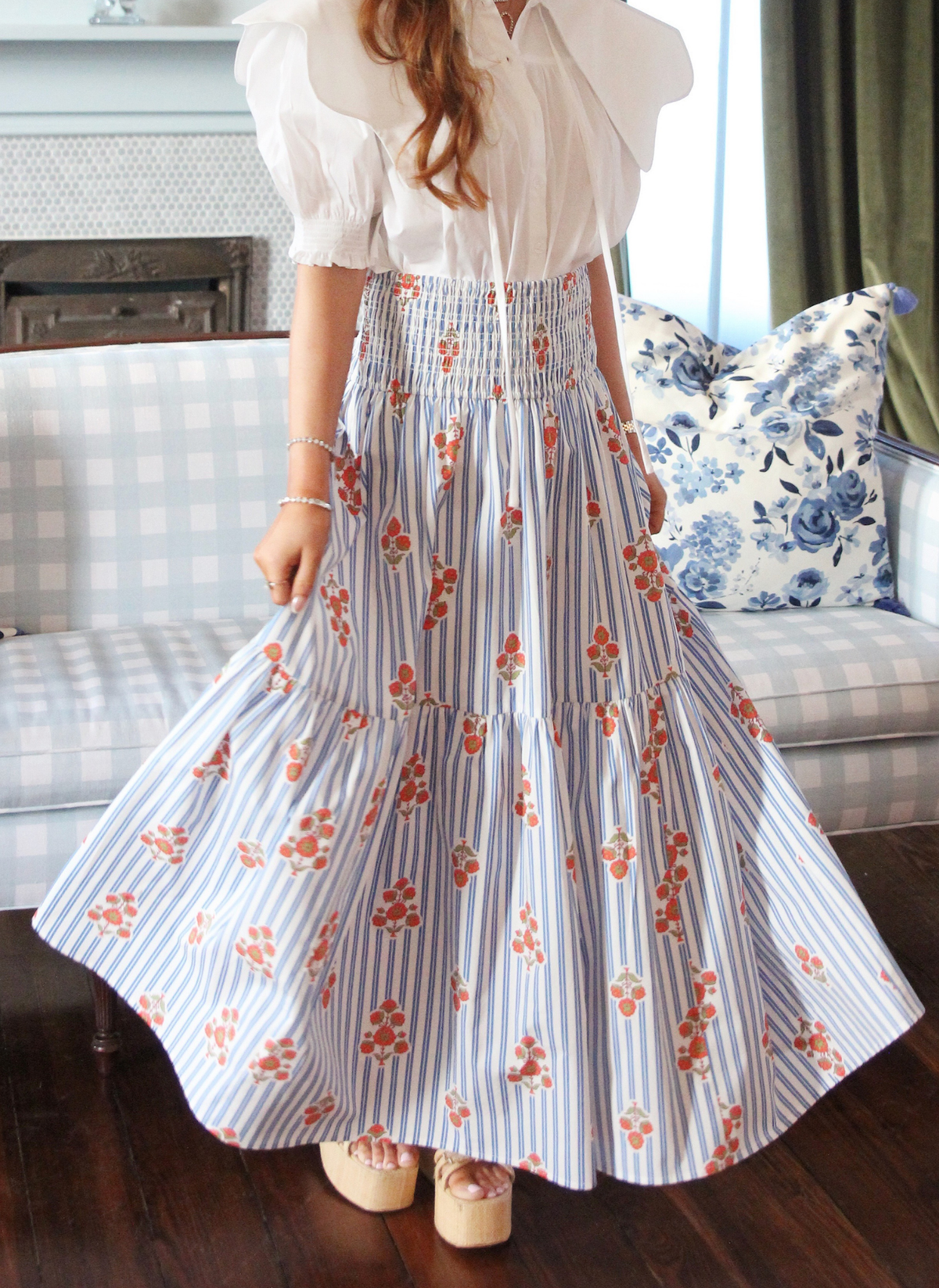 Stripe Poppy Floral Smock Skirt
