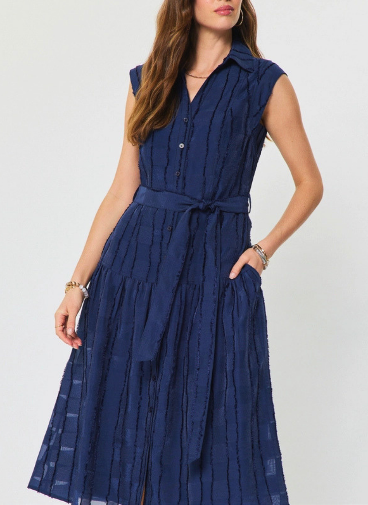Textured Stripe Belted Midi Dress