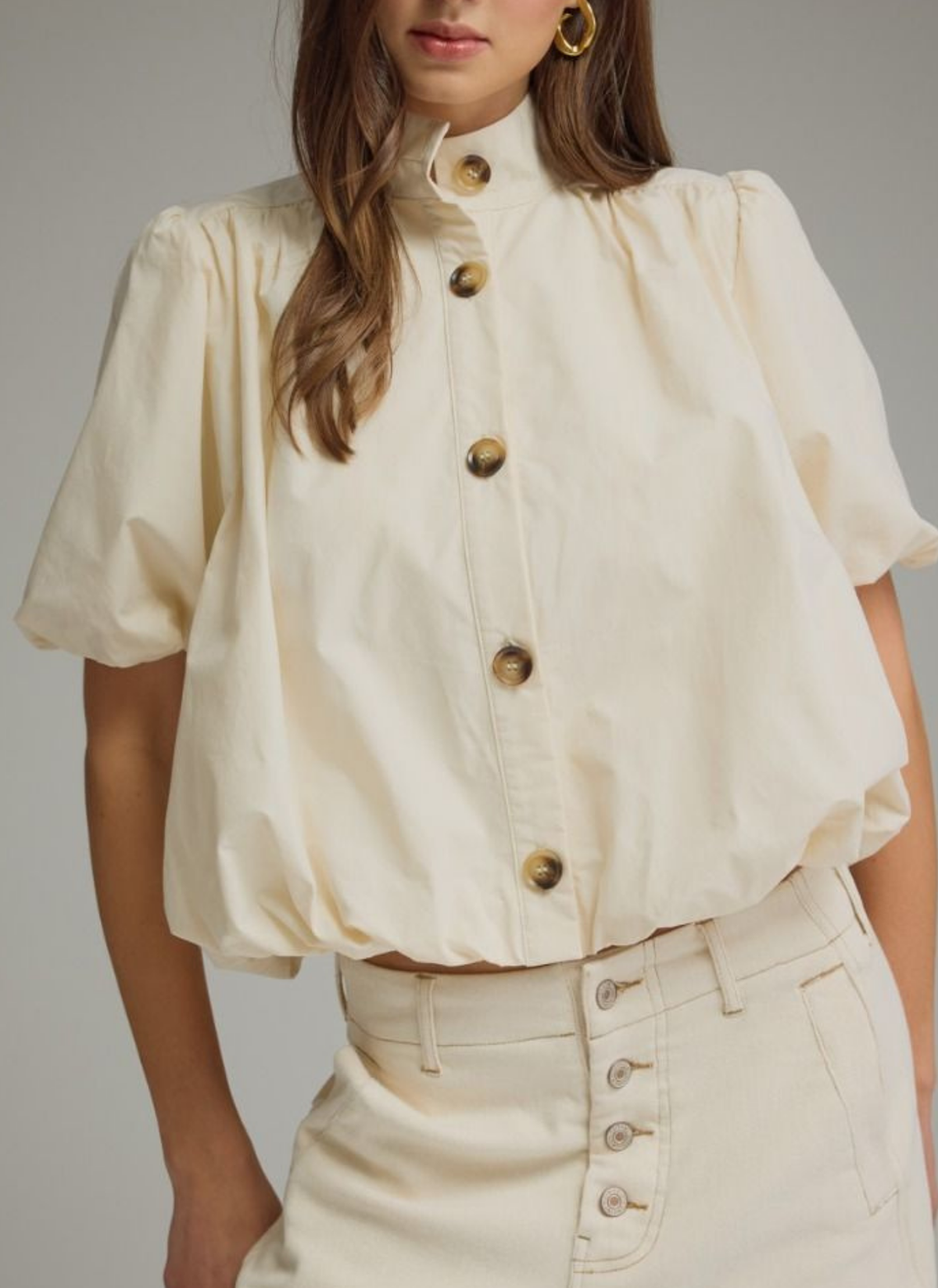 Tortoise Button Bubble Hem Blouse
