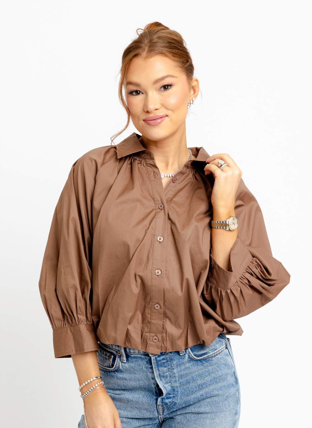 Collared Solid Poplin Bubble Top