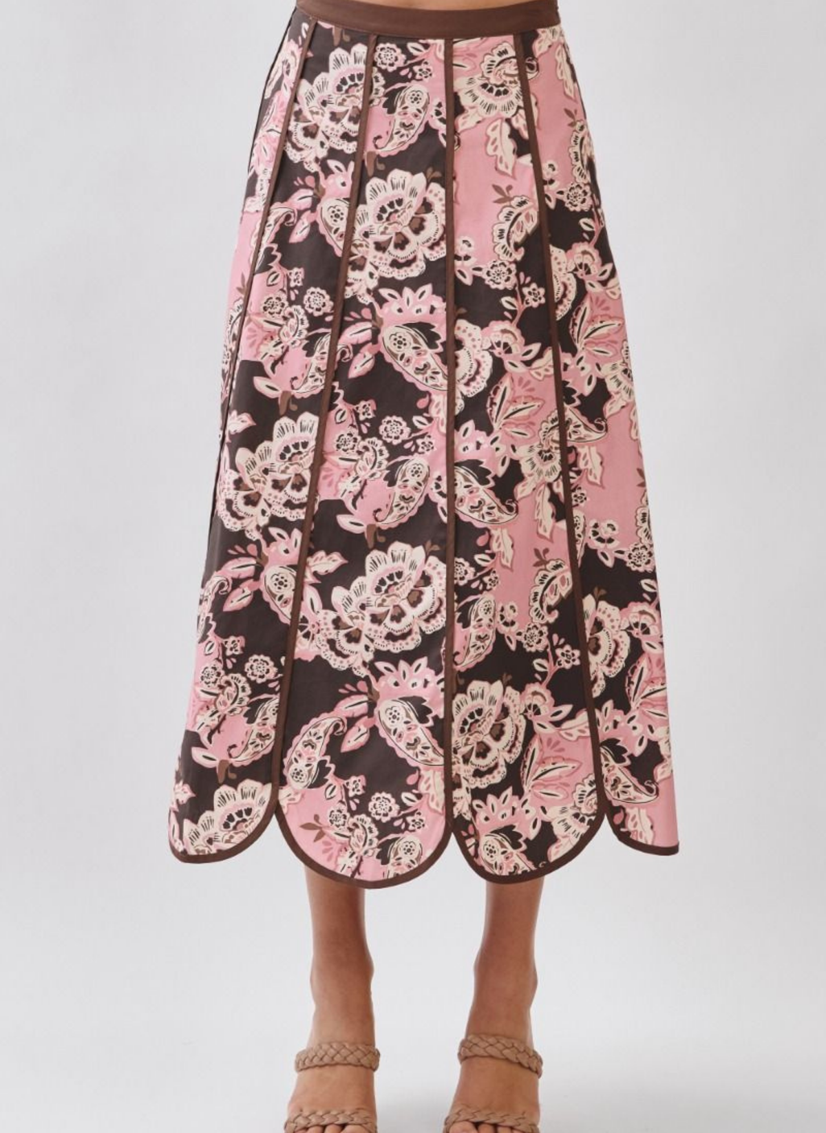 Scallop Hem Floral Midi Skirt