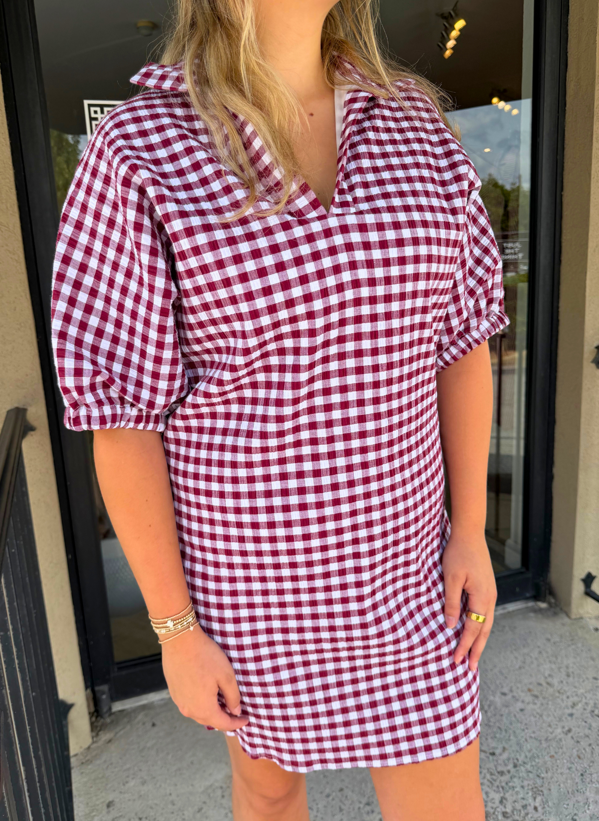 Charlotte Gingham Dress - Burgundy Seersucker
