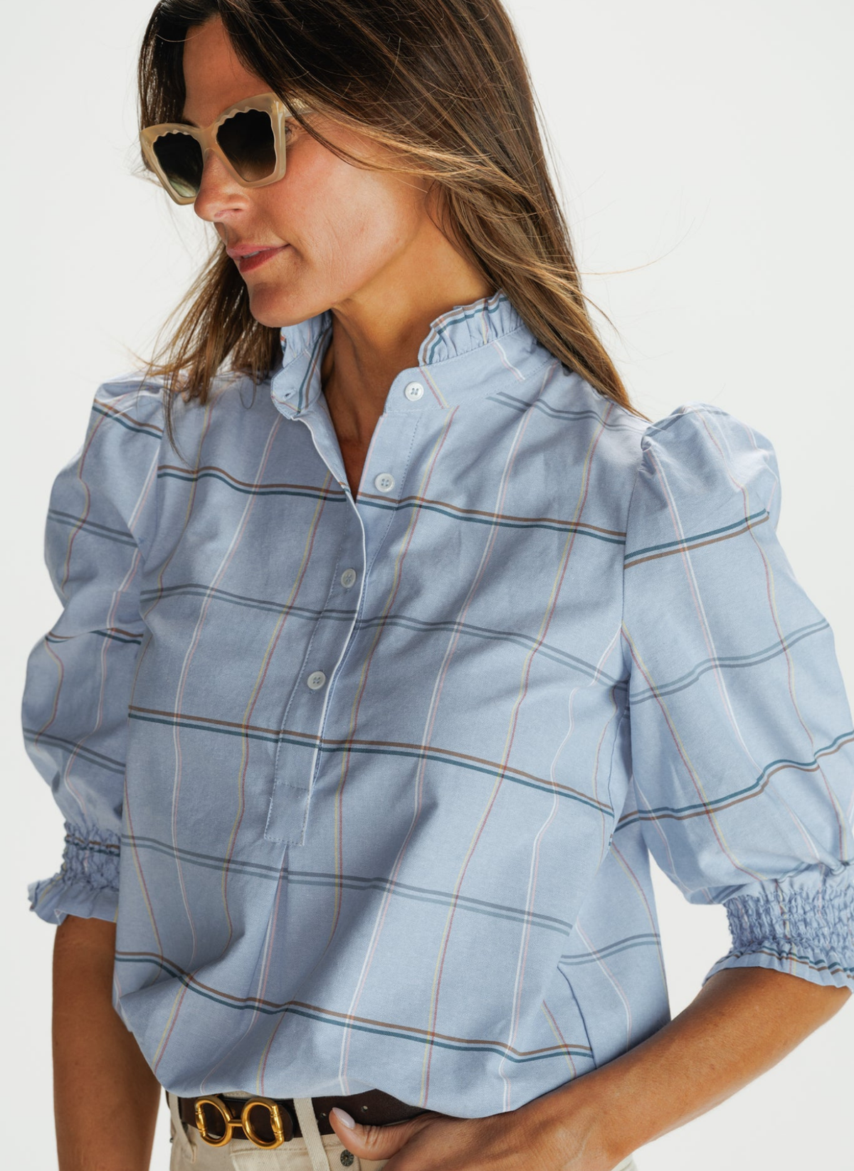 Percy Popover Top - Sky Blue Windowpane