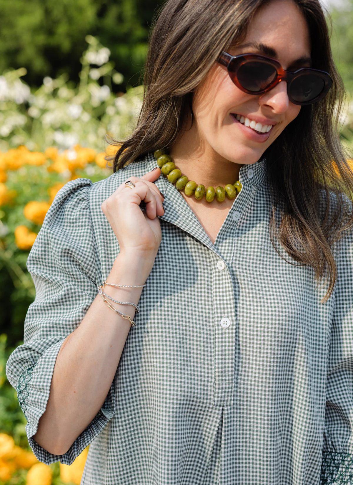 Percy Popover Dress - Green Gingham Seersucker