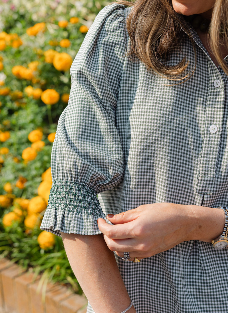 Percy Popover Dress - Green Gingham Seersucker