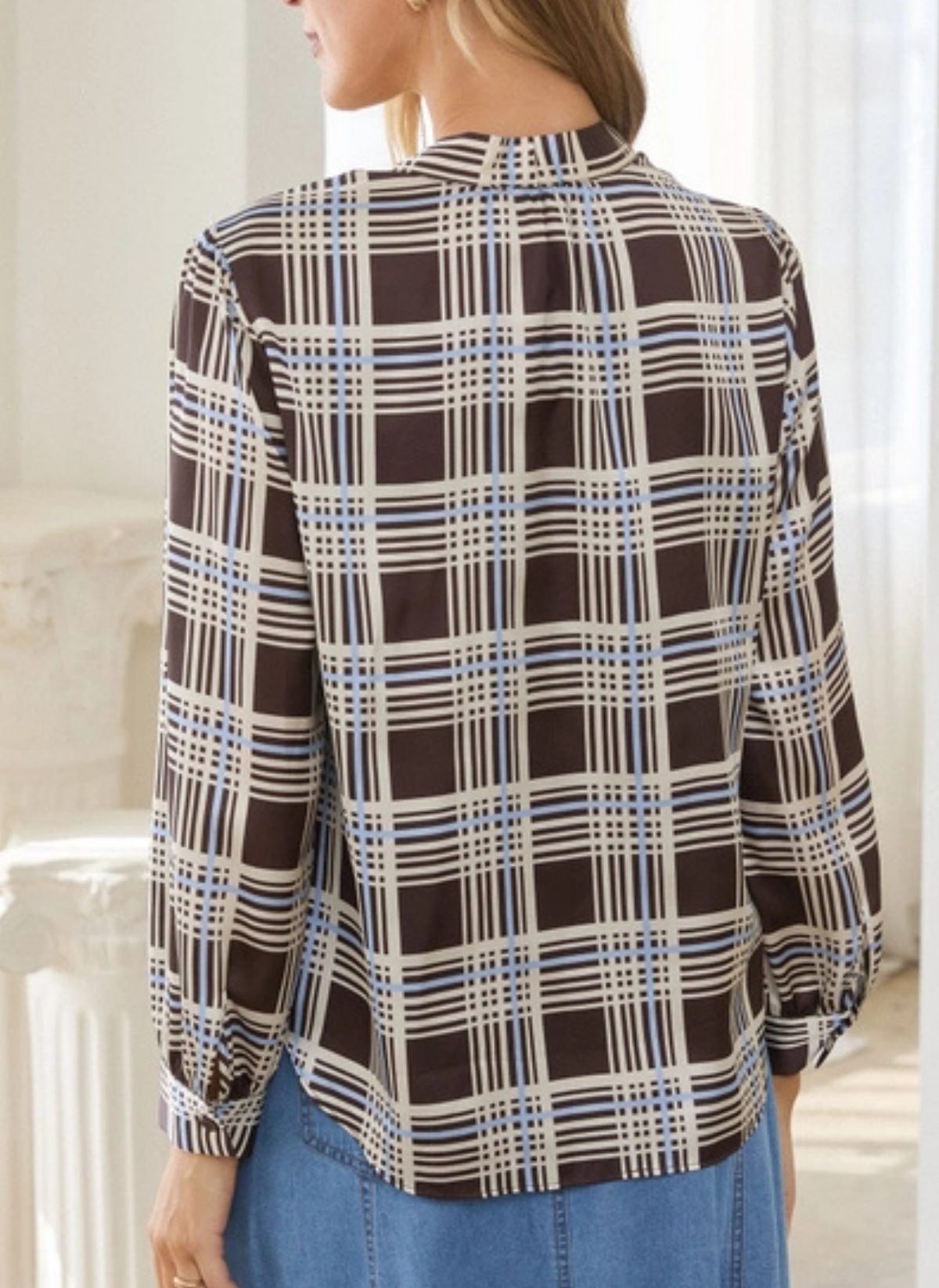 Plaid Tie Neck Blouse