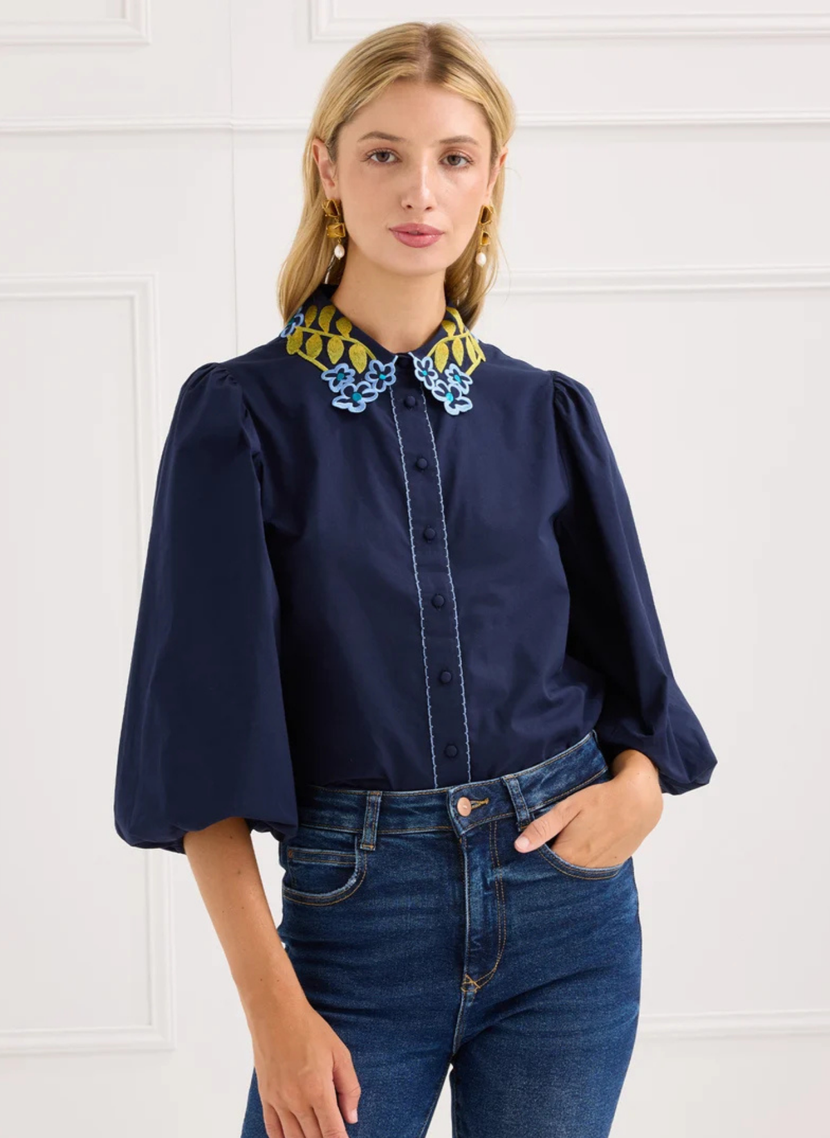 Cami Shirt - Navy Floral Embroidery