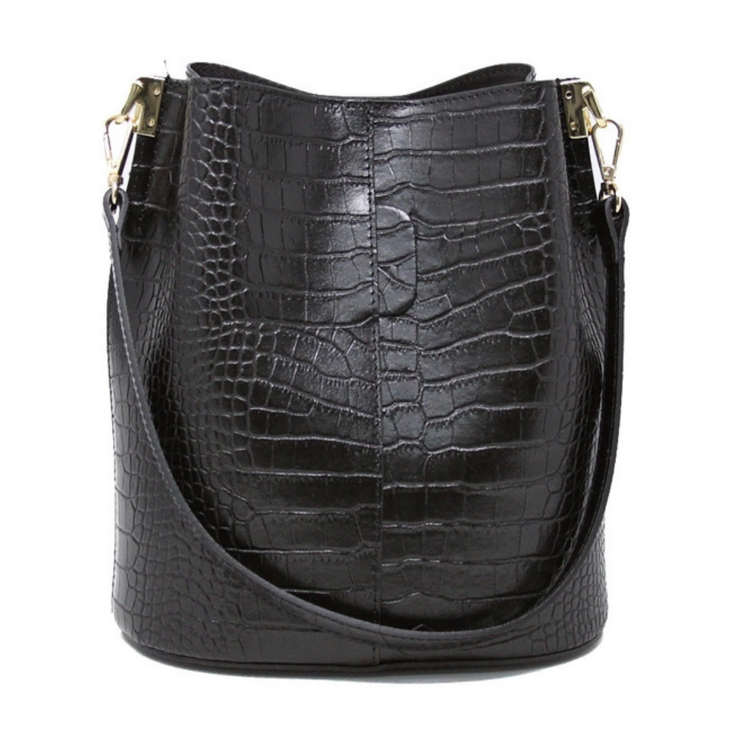 Croc Textured Leather Bucket Bag