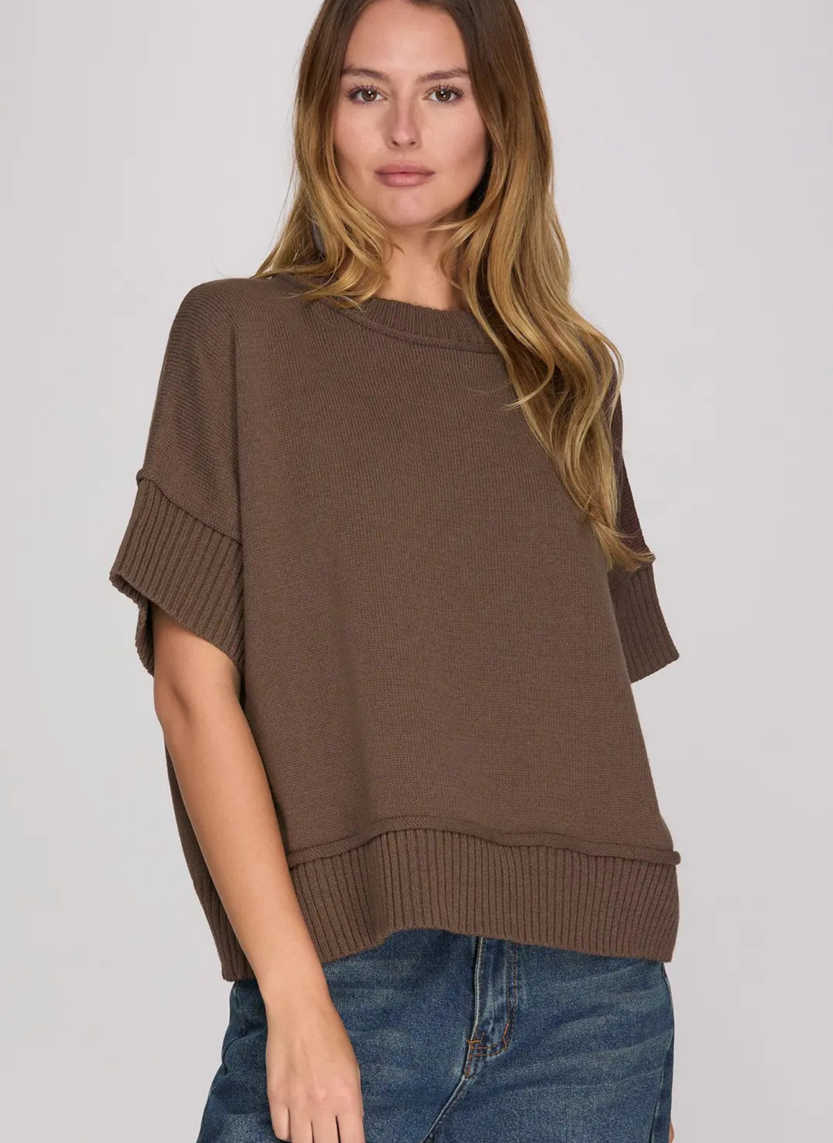 Drop Half Sleeve Crew Neck Sweater