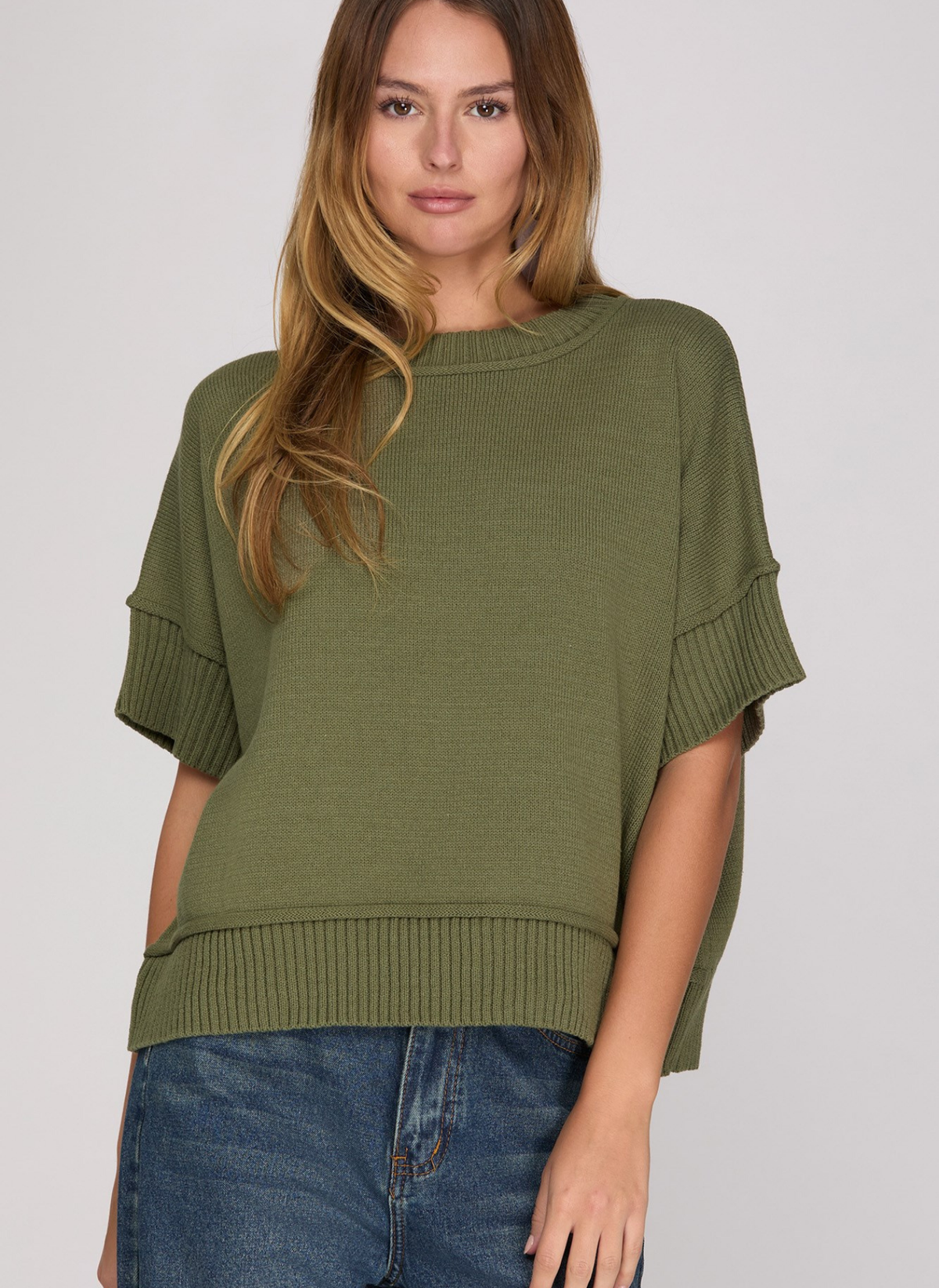 Drop Half Sleeve Crew Neck Sweater